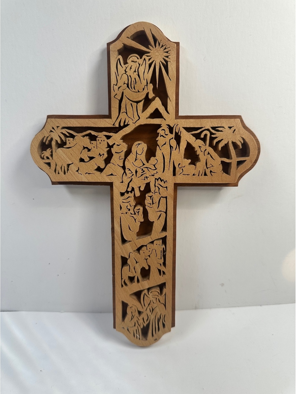 Laser Cut Wooden Nativity Cross Crucifix Baby Jesus Star Wise Men Angels